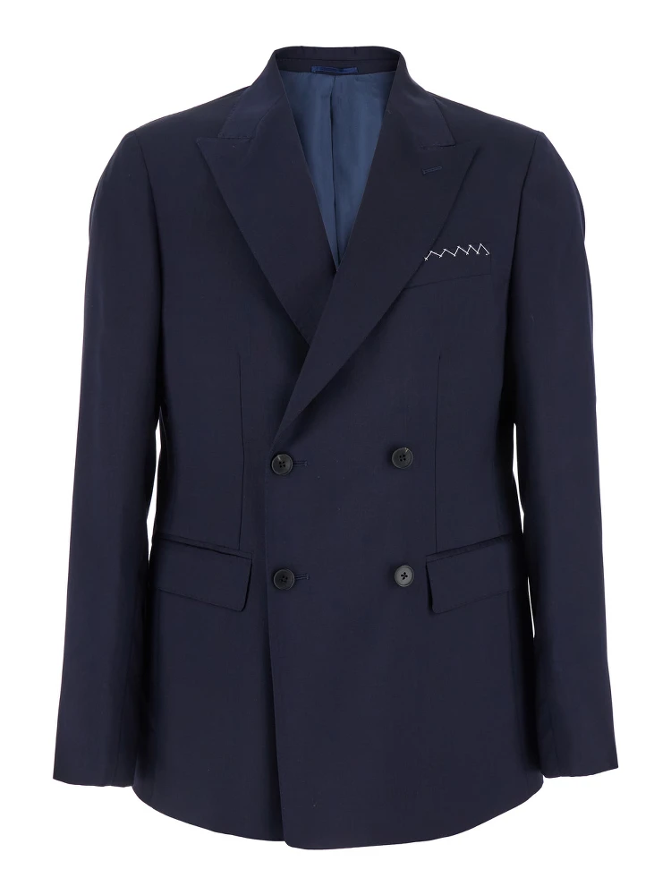 Blue Double-Breasted Jacket with Peak Revers and Embroidery Detail on the Front in Wool Man