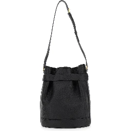 Black Medium Bucket Bag with Adjustable Shoulder Strap and Buckle Closure in Grained Leather Woman