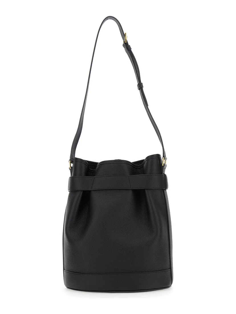 Black Medium Bucket Bag with Adjustable Shoulder Strap and Buckle Closure in Grained Leather Woman