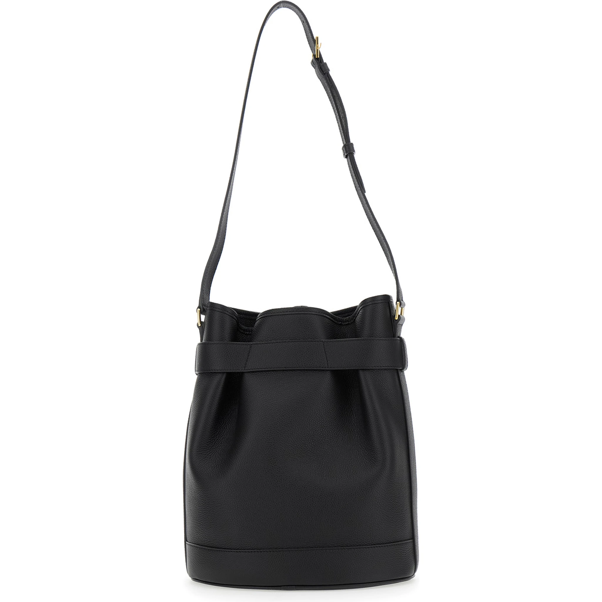 Black Medium Bucket Bag with Adjustable Shoulder Strap and Buckle Closure in Grained Leather Woman