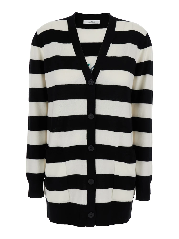 Fiemme Black and White Cardigan with Rear Embroidery and All-Over Striped Motif in Wool Woman