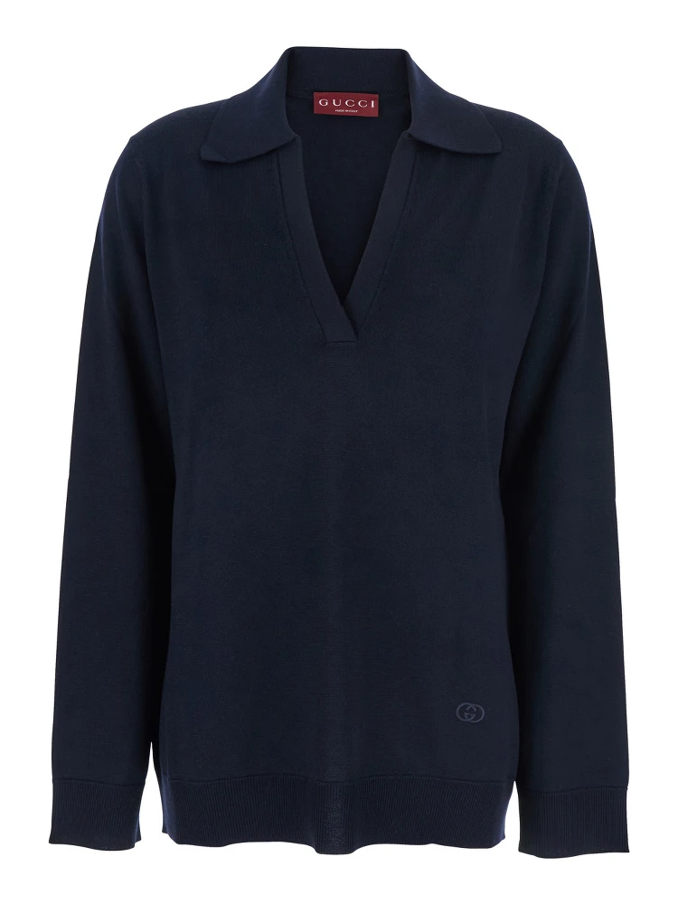 Blue Polo Collar Sweater with GG Logo on the Front in Wool Woman