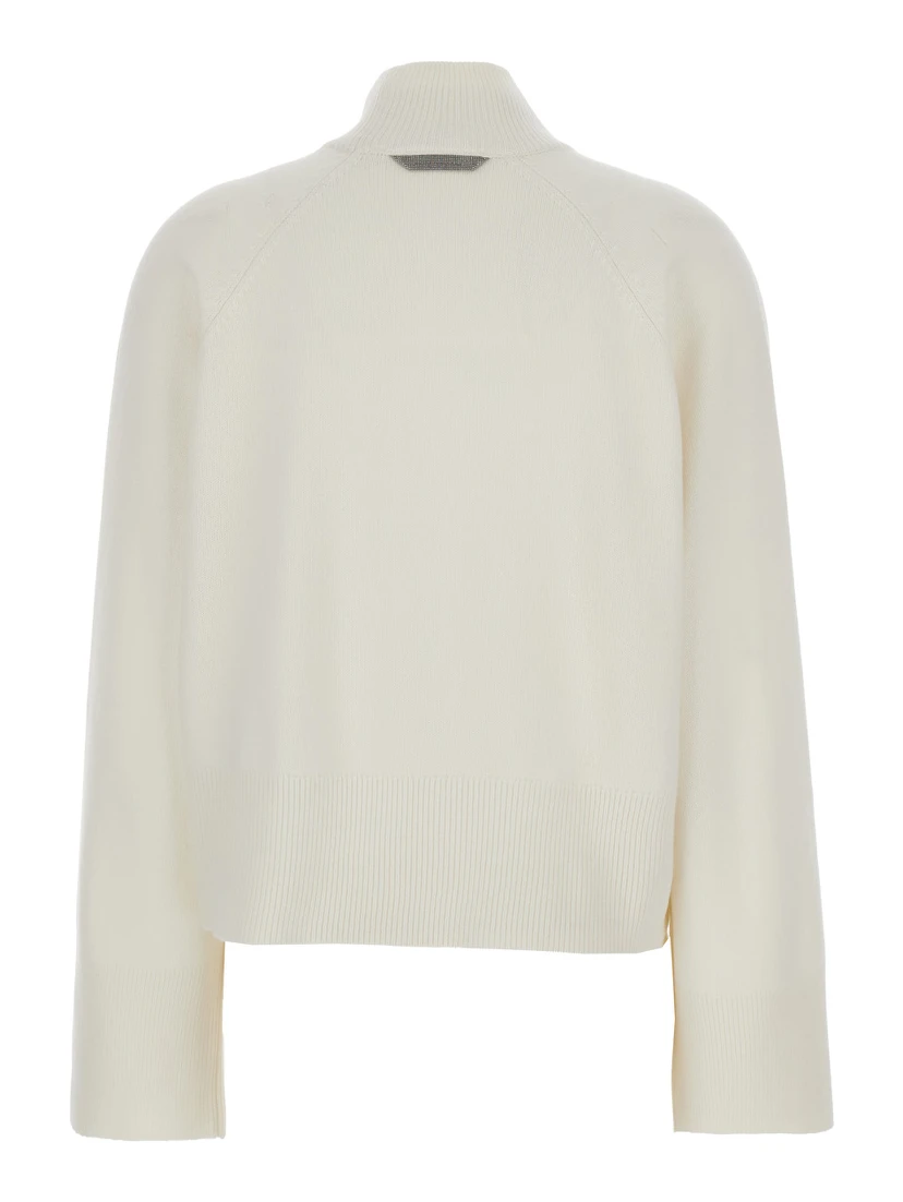 White Sweater with High Neck and Monil Detail on the Rear in Cashmere Woman