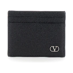 Black Horizontal Card Holder with VLogo Plaque on the Front in Grained Leather Man