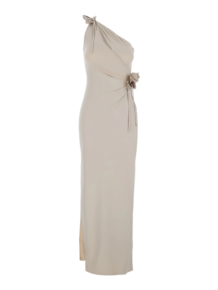 Beige Asymmetric One-Shoulder Dress with Flower Detail and Single Side Slit in Tech Fabric Woman
