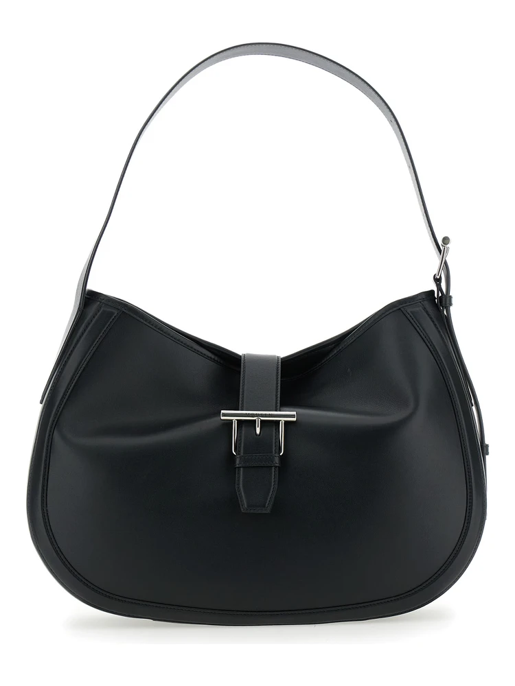 Black Shoulder Bag with Adjustable Shoulder Strap and T Buckle Closure on the Front in Leather Woman
