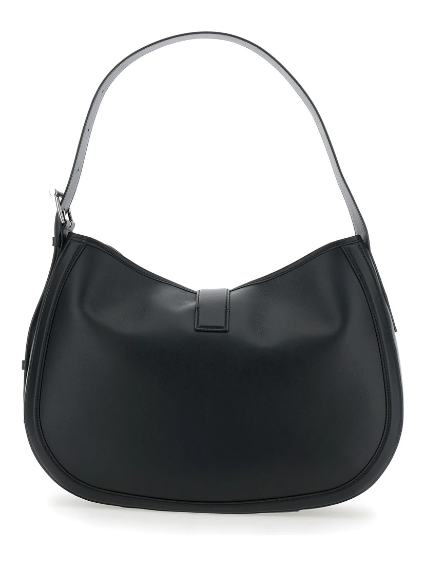 Black Shoulder Bag with Adjustable Shoulder Strap and T Buckle Closure on the Front in Leather Woman