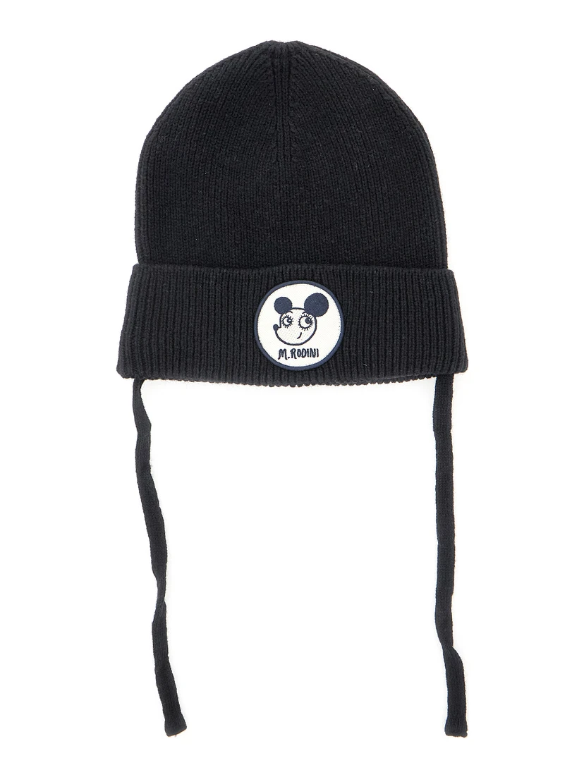 Ritzratz Black Beanie with Drawstring and Logo Patch on the Front in Wool Blend Baby