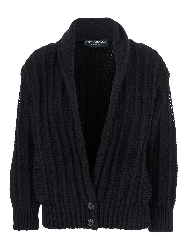 Black Cardigan with Wide Neckline on the Front in Virgin Wool Woman