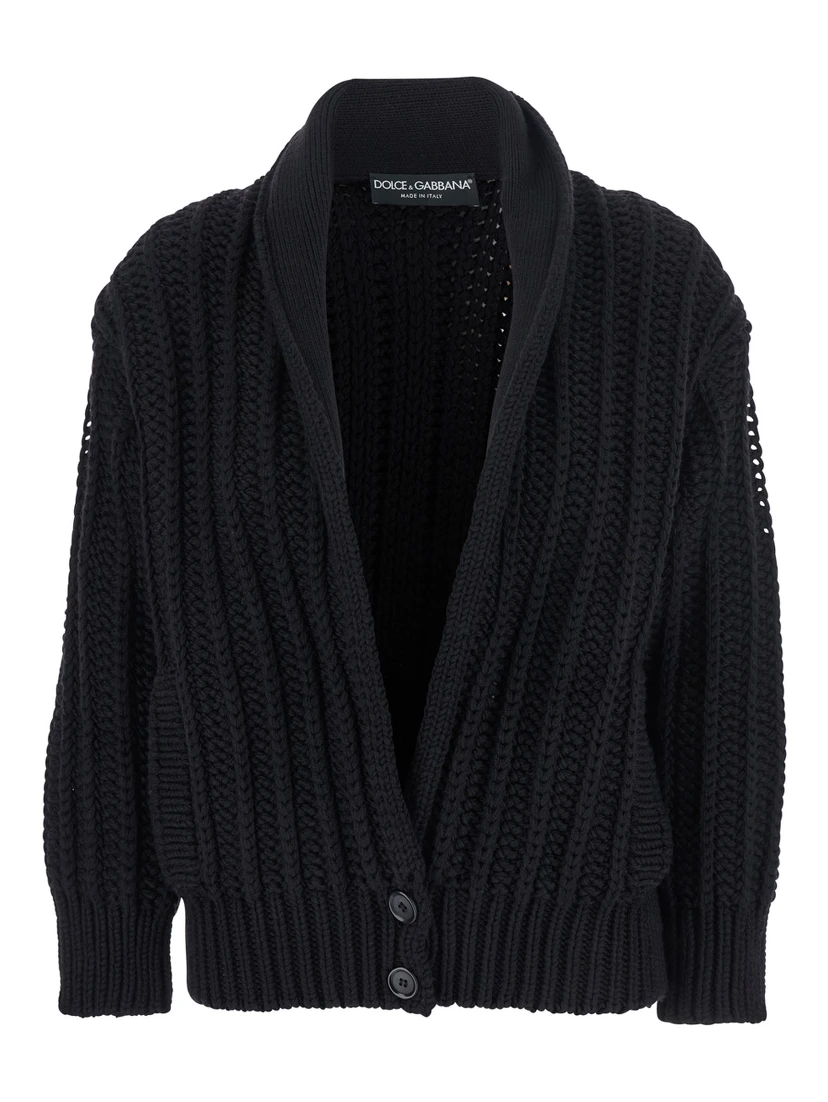 Black Cardigan with Wide Neckline on the Front in Virgin Wool Woman