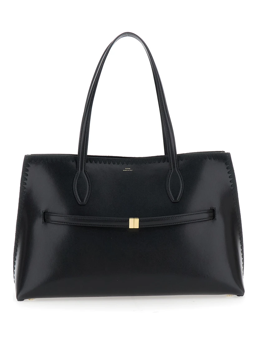 Lounge Black Tote Bag with Embroidered Details and Embossed Logo on the Front in Leather Woman