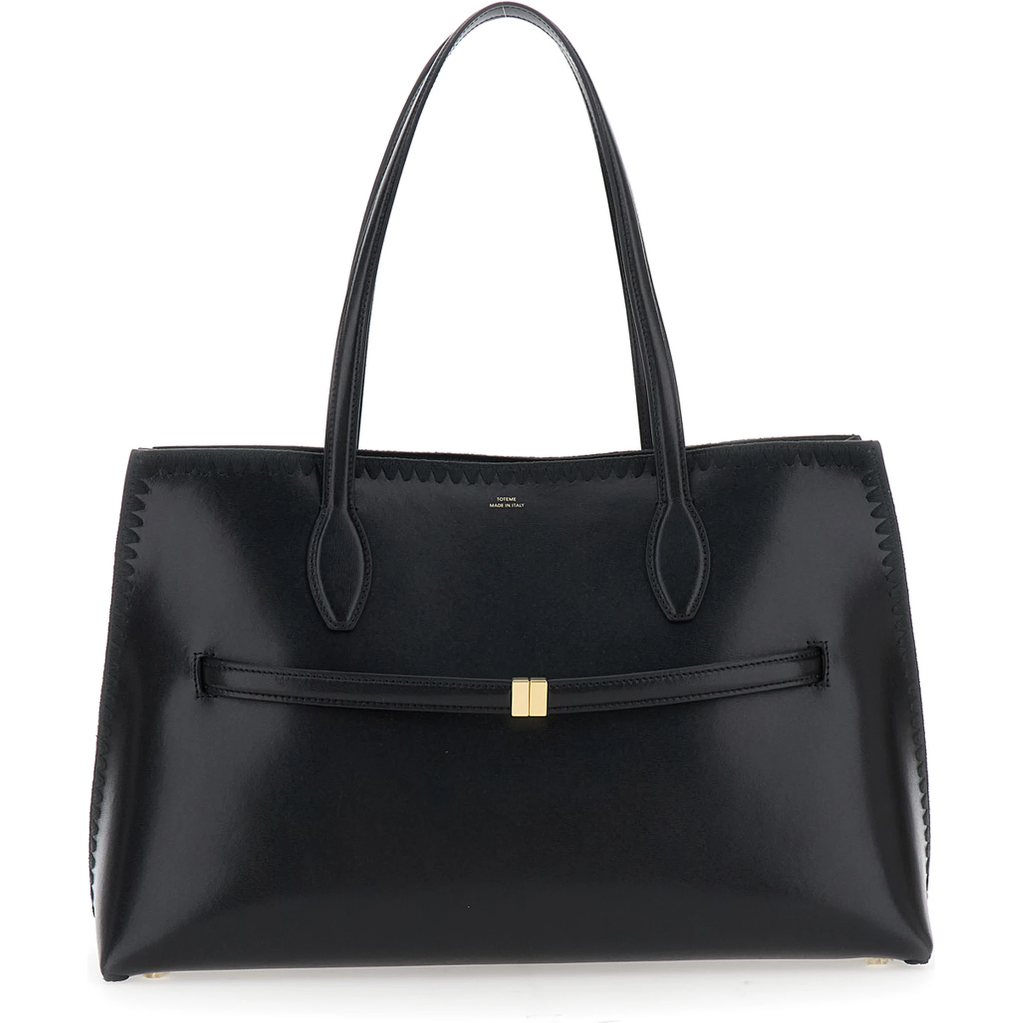 Lounge Black Tote Bag with Embroidered Details and Embossed Logo on the Front in Leather Woman