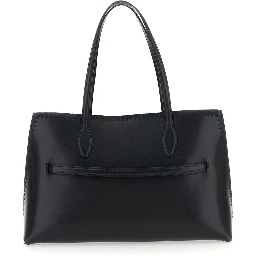 Lounge Black Tote Bag with Embroidered Details and Embossed Logo on the Front in Leather Woman