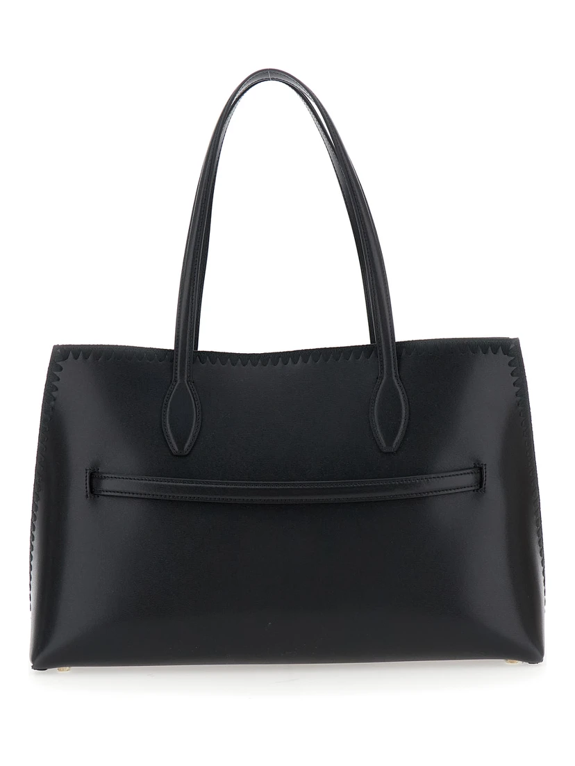 Lounge Black Tote Bag with Embroidered Details and Embossed Logo on the Front in Leather Woman