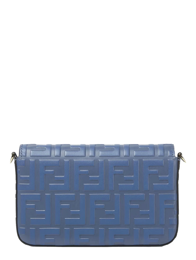 Blue Mini Bag with Chain-Link Shoulder Strap and All-Over FF Embossed Motif in Leather Woman