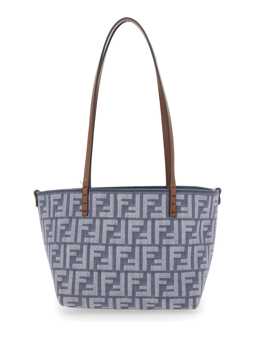 Blue Reversible Tote Bag with Two Top Leather Handles and All-Over FF Motif in Cotton Woman