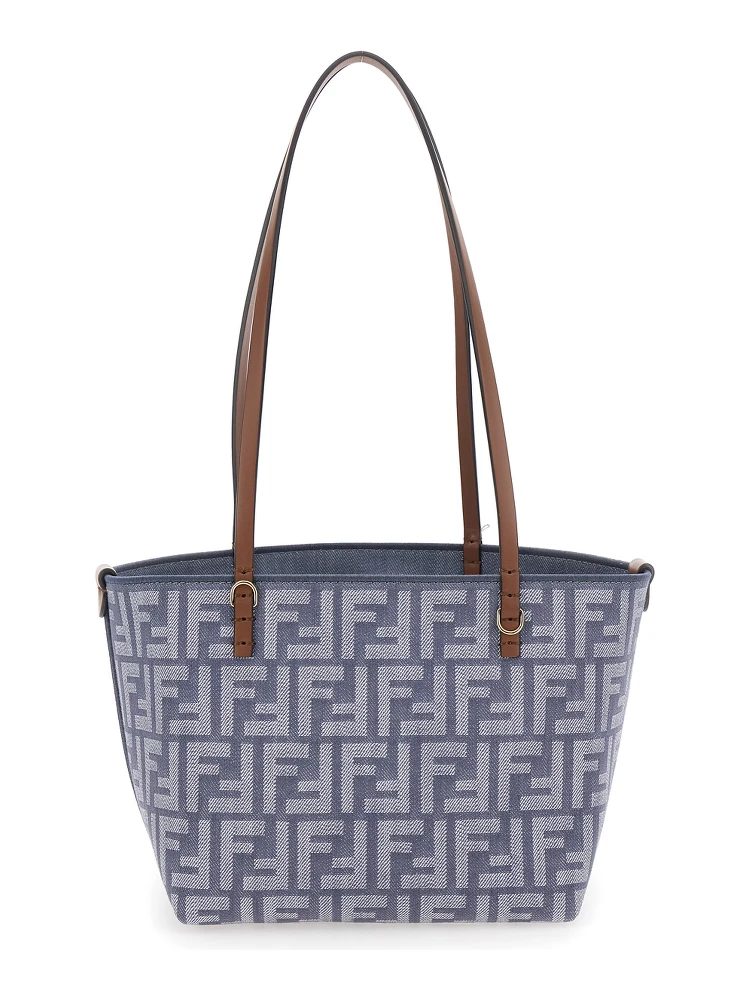 Blue Reversible Tote Bag with Two Top Leather Handles and All-Over FF Motif in Cotton Woman alternative