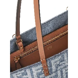 Blue Reversible Tote Bag with Two Top Leather Handles and All-Over FF Motif in Cotton Woman
