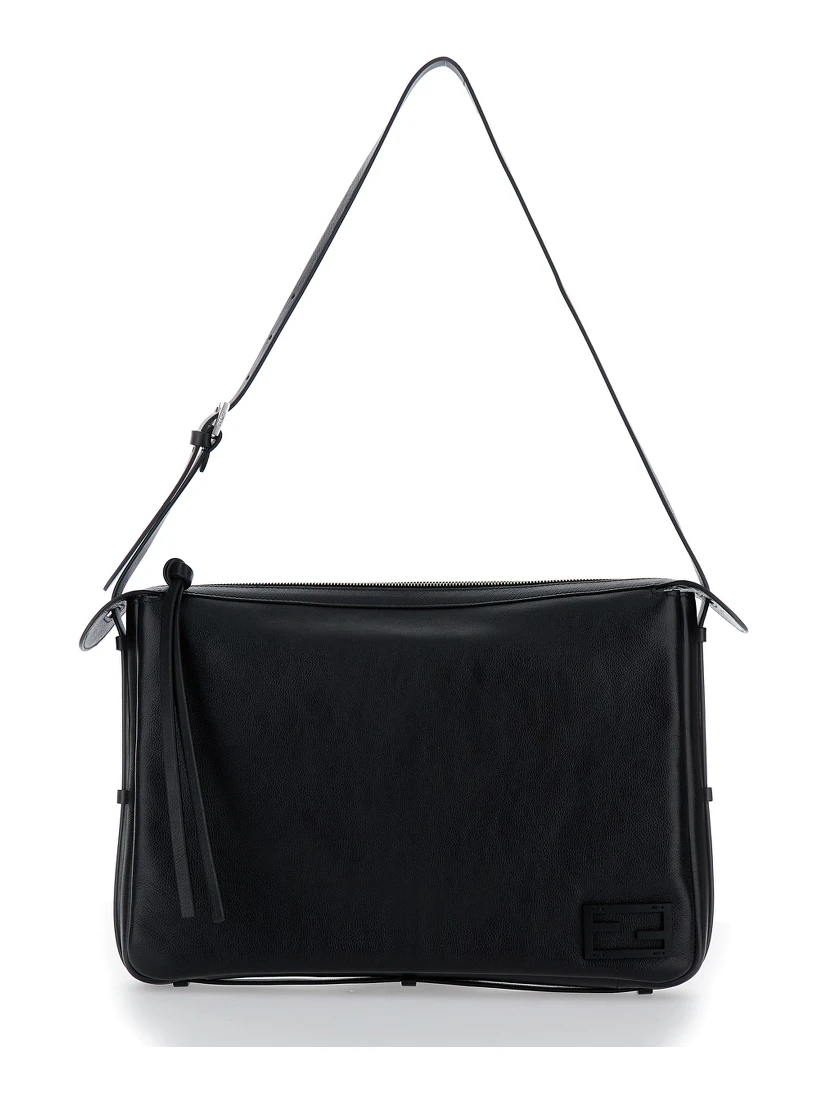 Simply Fendi Large Black Shoulder Bag with FF Detail in Leather Woman