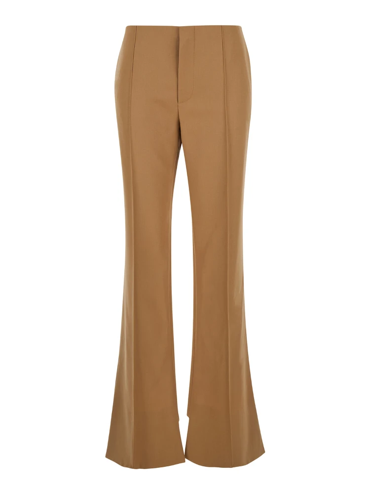 Beige Flared Pants with Asymmetric Hem in Grain de Poudre Wool Woman