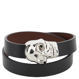 Black Bracelet with Skull Detail in Brass and Leather Man