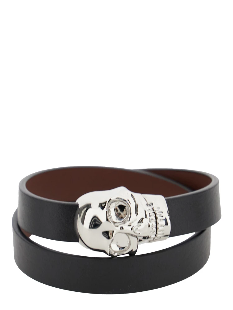 Black Bracelet with Skull Detail in Brass and Leather Man