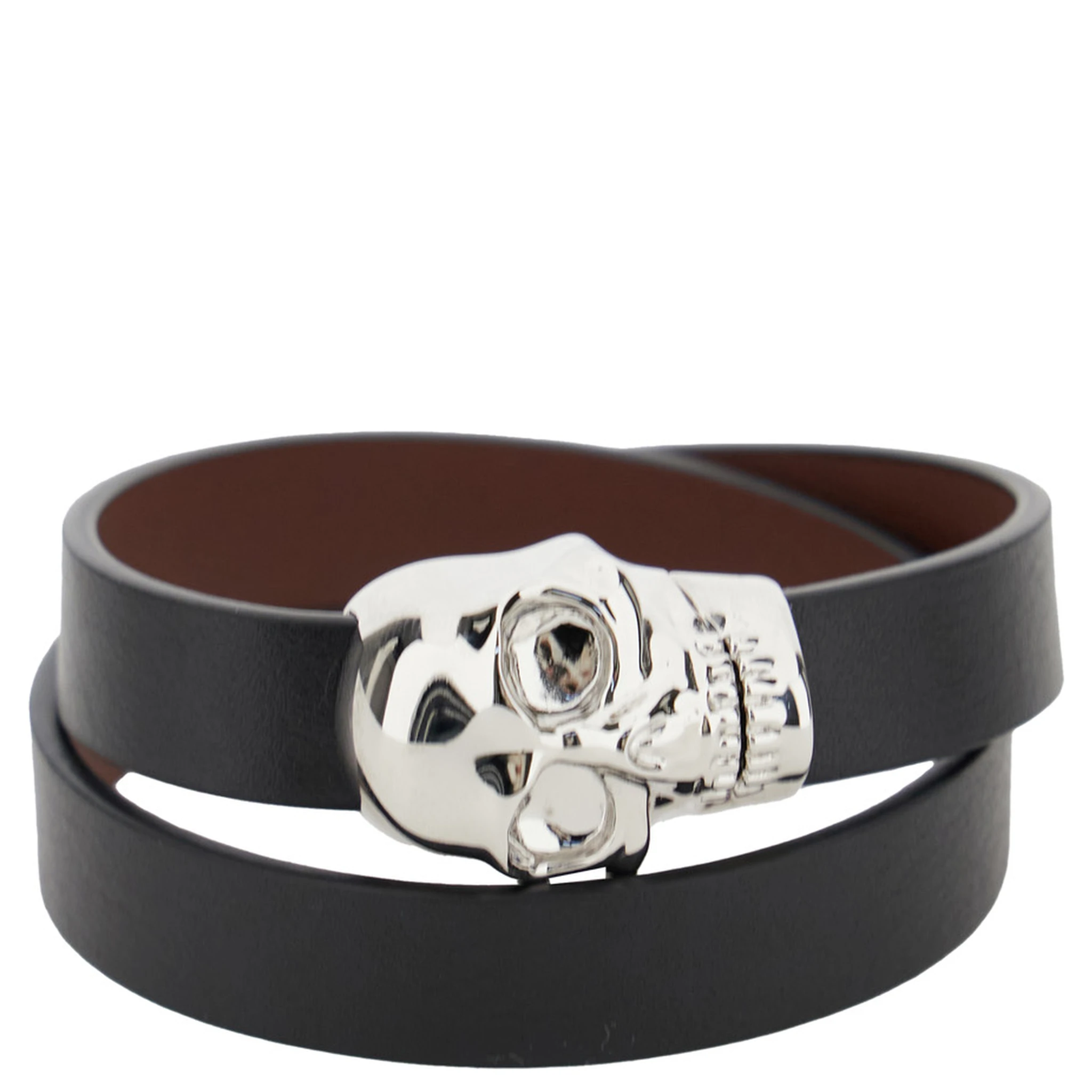 Black Bracelet with Skull Detail in Brass and Leather Man