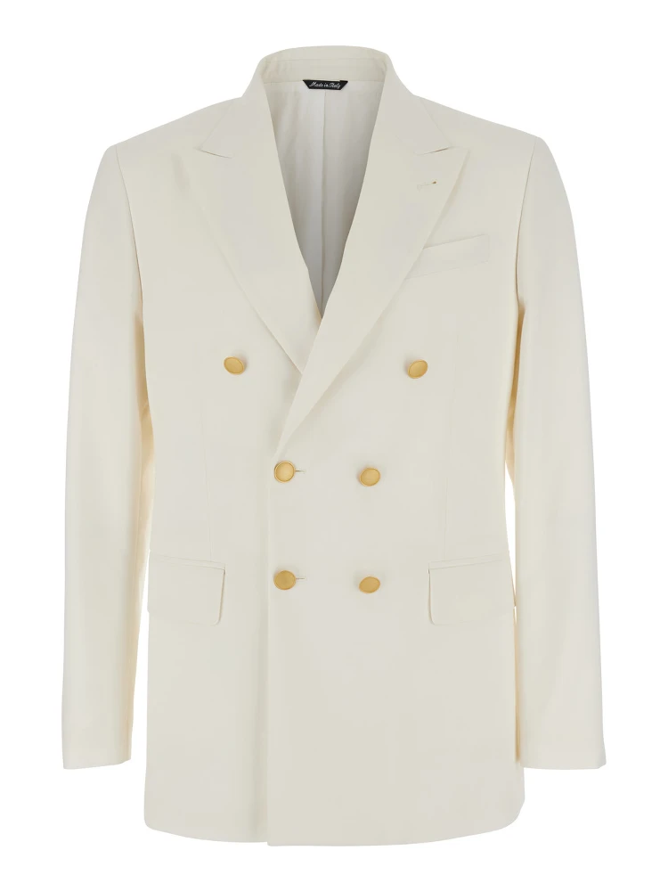 White Double Breasted Jacket with Peak Lapels in Virgin Wool and Cotton Blend Woman