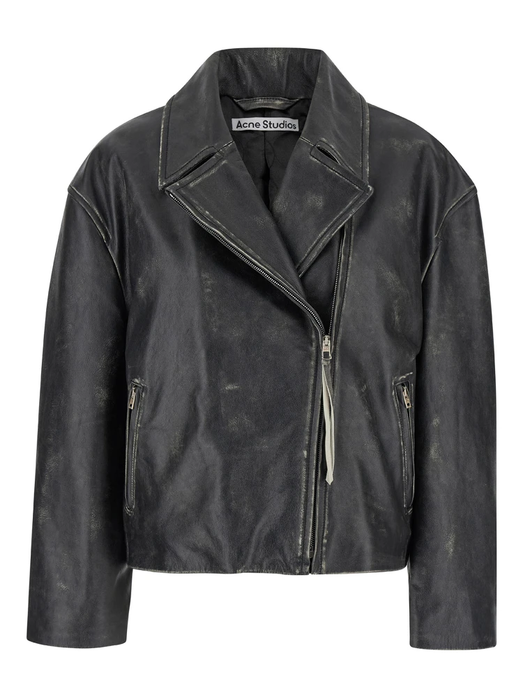 Black Biker Jacket in Vintage Looking Leather Woman