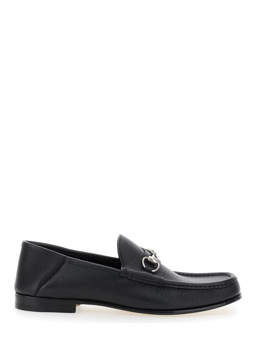 Black Loafers with Horsebit Detail on the Front in Hammered Leather Man