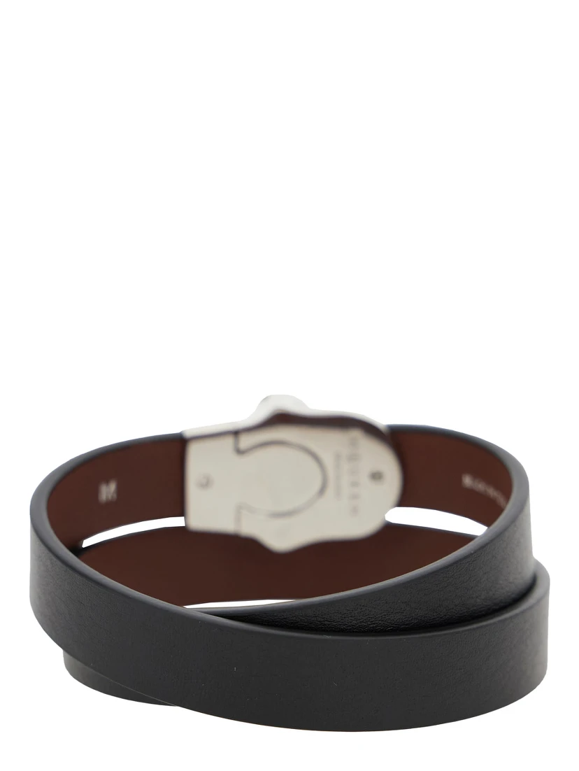 Black Bracelet with Skull Detail in Brass and Leather Man