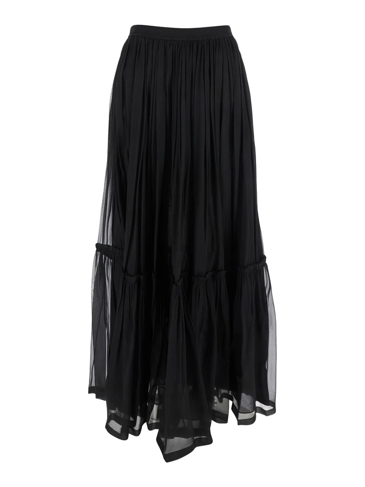 Black Semi-transparent Skirt with All-Over Ruche in Silk Woman