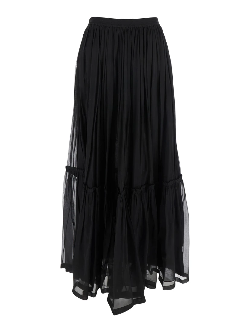 Black Semi-transparent Skirt with All-Over Ruche in Silk Woman
