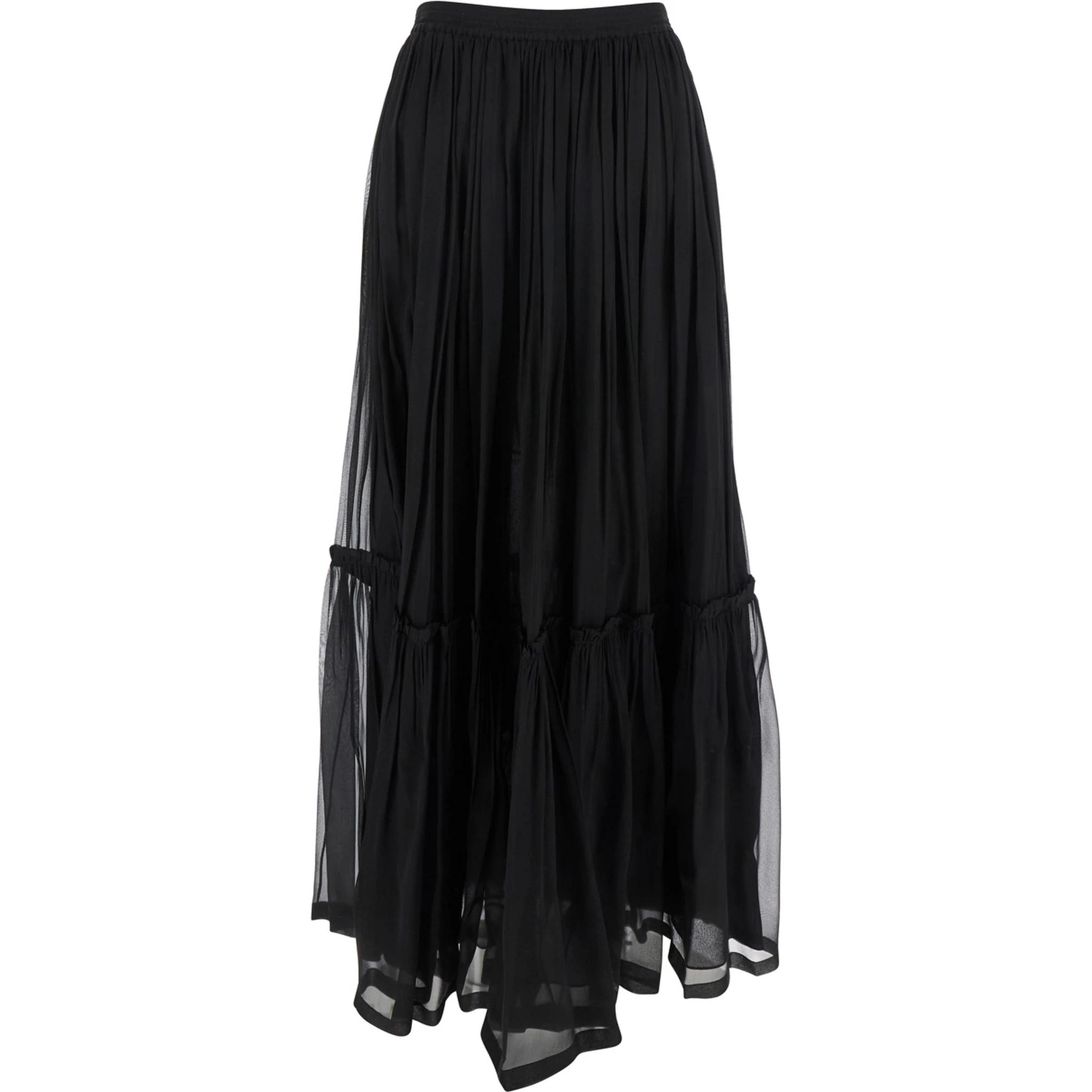 Black Semi-transparent Skirt with All-Over Ruche in Silk Woman