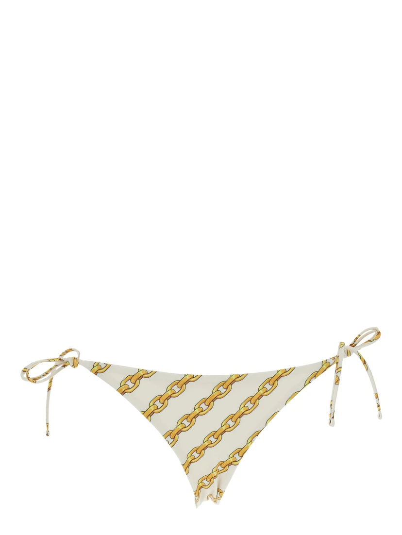 White Bikini Bottom with Adjustable Tie Closure and All-Over Chain Print in Tech Fabric Stretch Woman