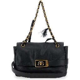 Modu Flap Black Crossbody Bag with Logo Plaque on the Front in Leather Woman