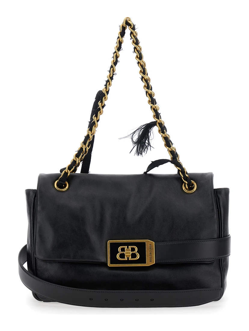 Modu Flap Black Crossbody Bag with Logo Plaque on the Front in Leather Woman