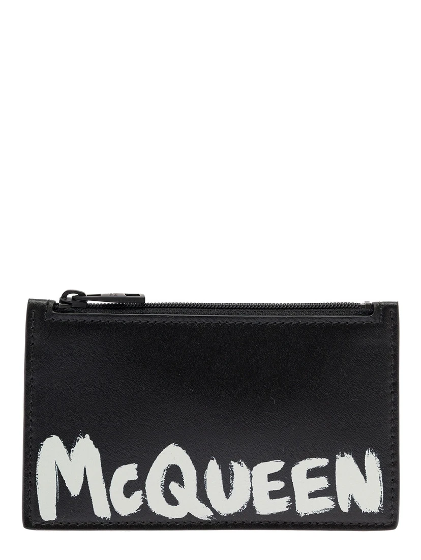 Black Card-Holder with Contrasting Graffiti Logo in Smooth Leather Man