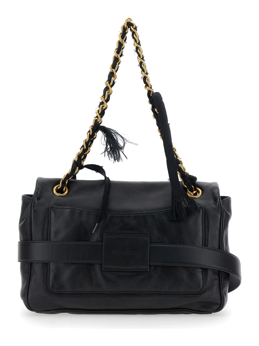 Modu Flap Black Crossbody Bag with Logo Plaque on the Front in Leather Woman