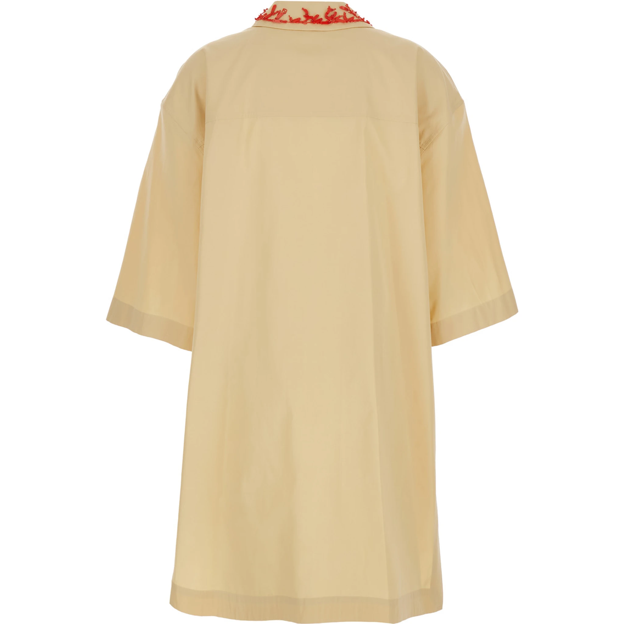 Beige Dress with Open Polo Shirt Style Collar and Embroidery on the Collar in Cotton Woman