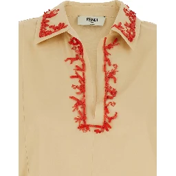 Beige Dress with Open Polo Shirt Style Collar and Embroidery on the Collar in Cotton Woman