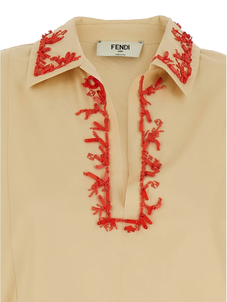 Beige Dress with Open Polo Shirt Style Collar and Embroidery on the Collar in Cotton Woman alternative