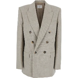 Grey Double-Breasted Jacket with Peak Revers in Wool Woman