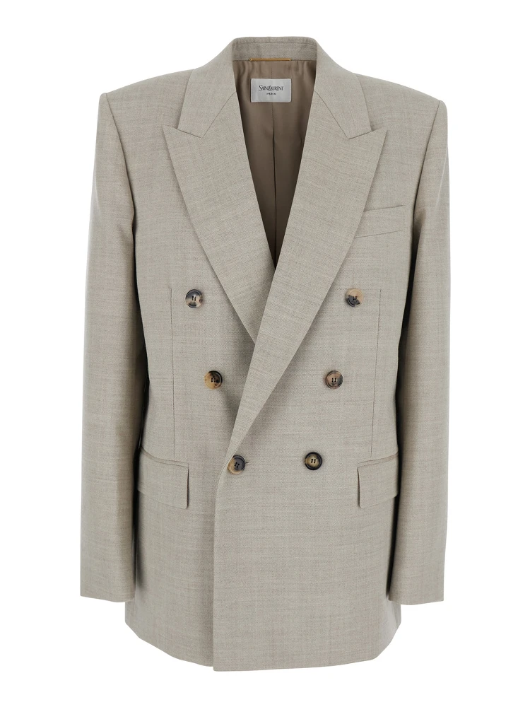 Grey Double-Breasted Jacket with Peak Revers in Wool Woman