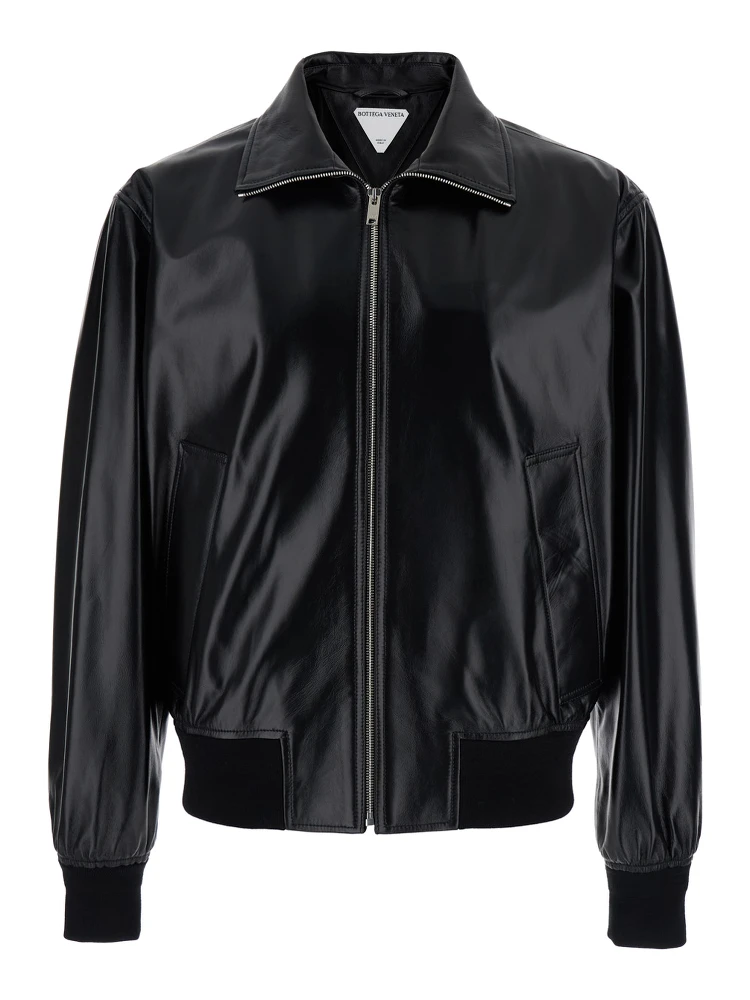 Black Bomber Jacket with Two Front Welt Pockets in Leather Man