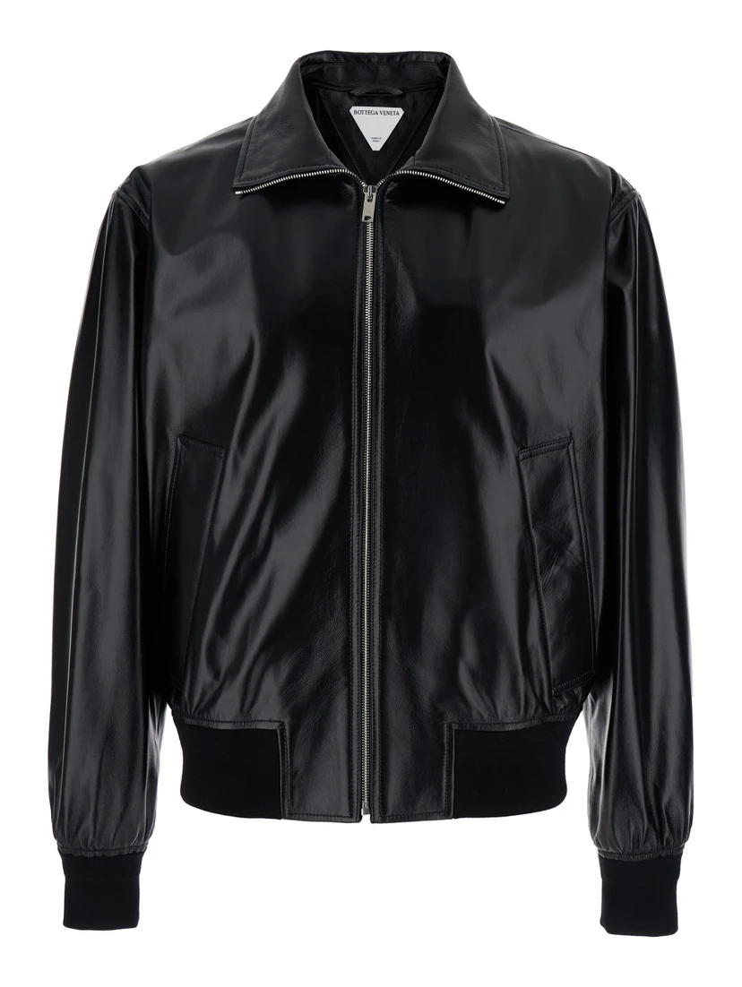 Black Bomber Jacket with Two Front Welt Pockets in Leather Man