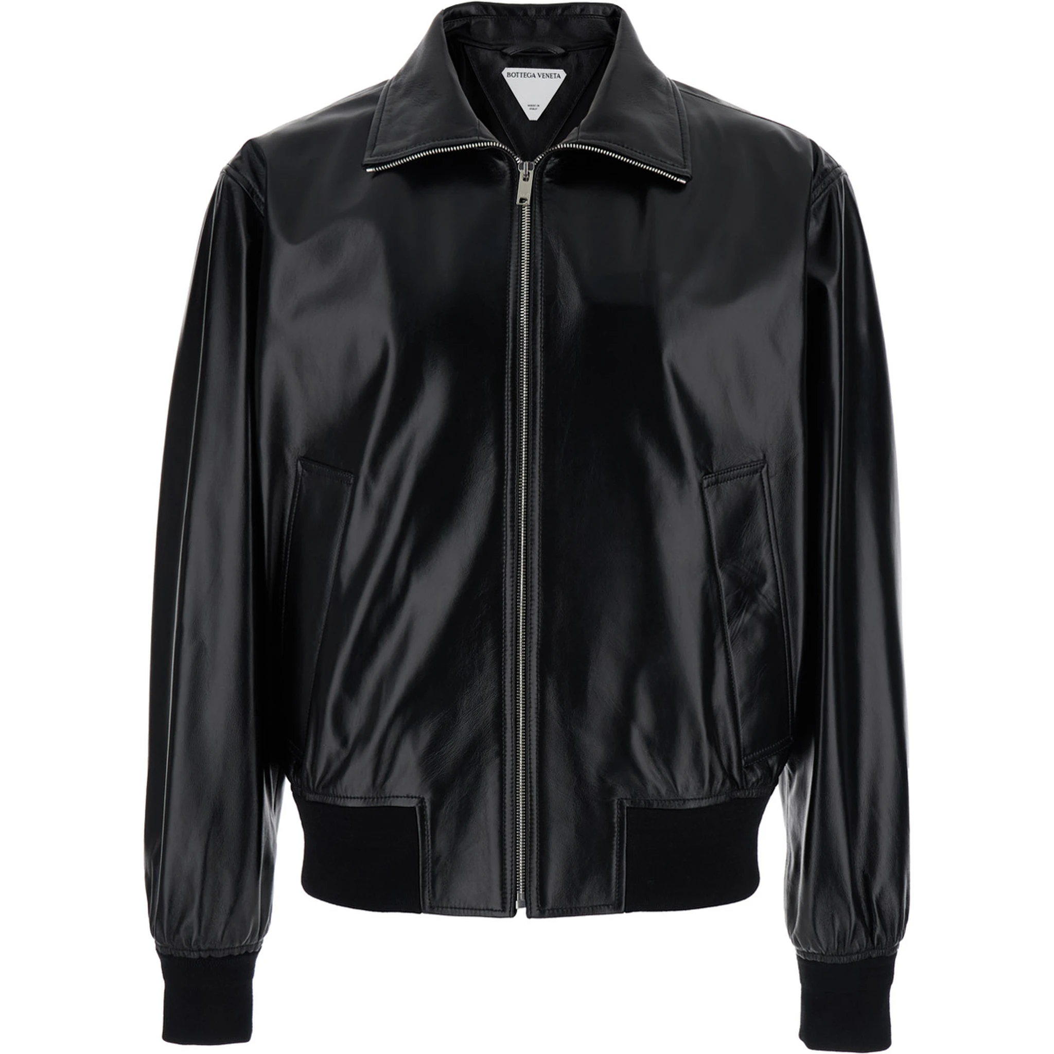 Black Bomber Jacket with Two Front Welt Pockets in Leather Man