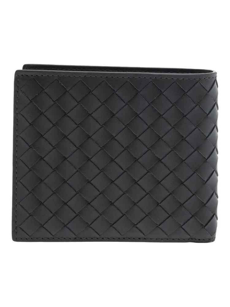 Green Bi-Fold Wallet with Intrecciato Motif and Embossed Logo Lettering on the Inside in Leather Man