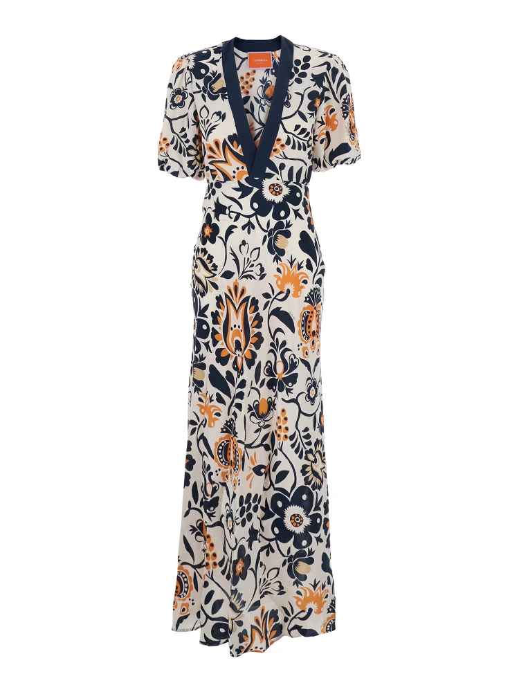 Marlene Multicolor Long Dress with V-Neck and All-Over Floral Print in Fabric Woman