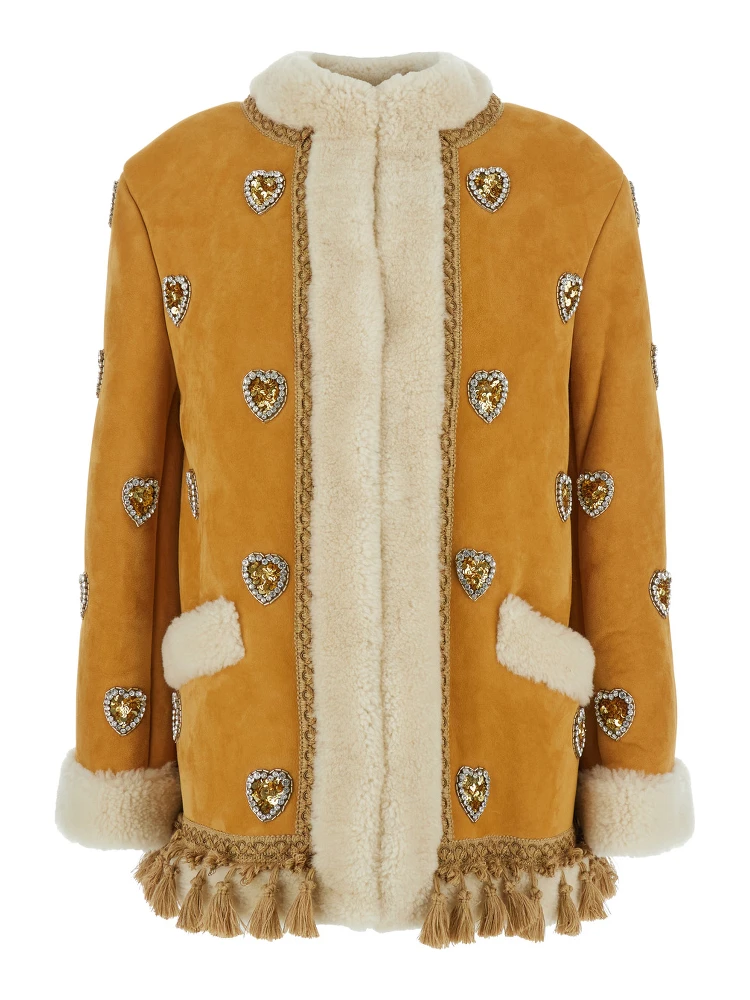 Beige Crewneck Jacket with All-Over Heart Embellishments and Fur Details in Leather Woman